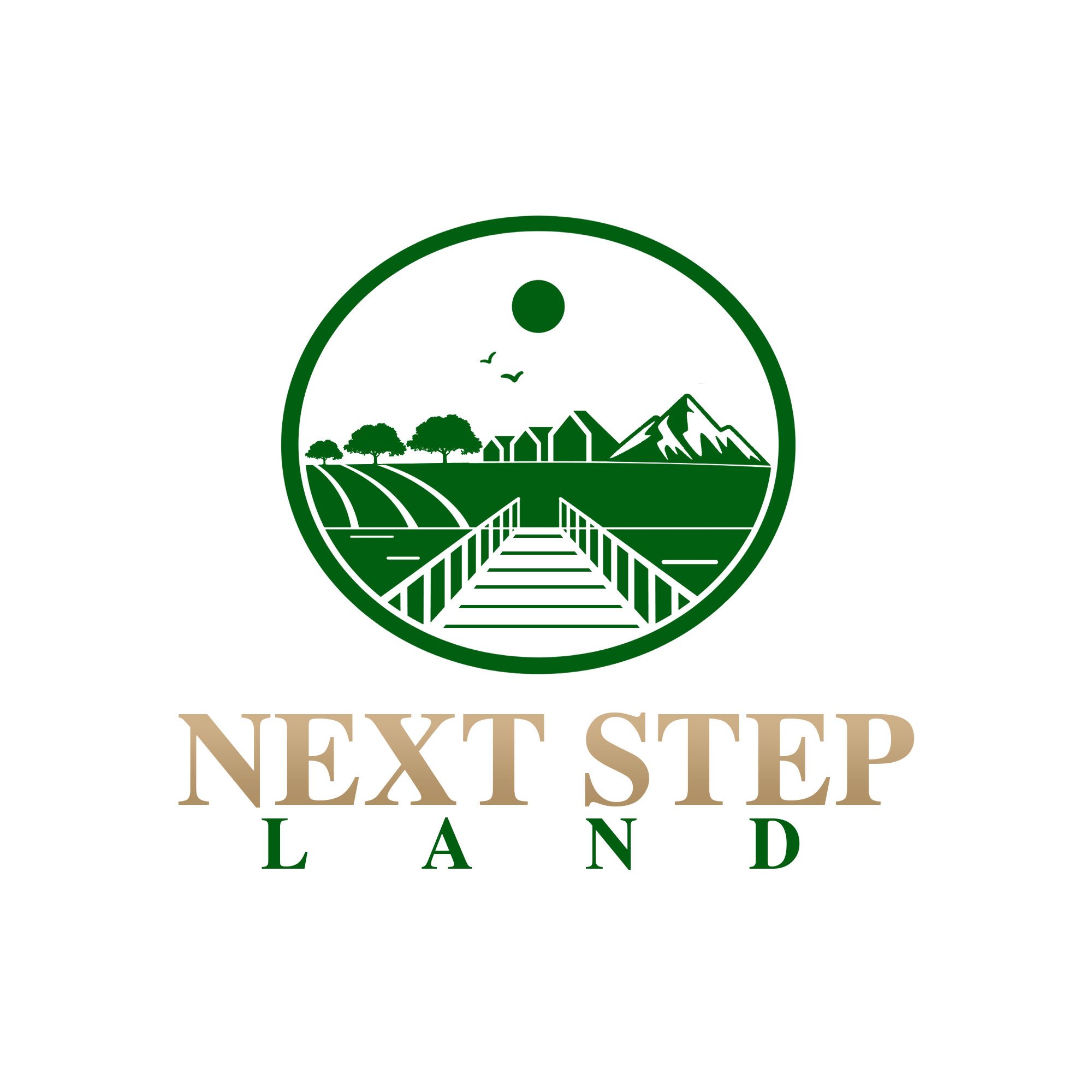 Next Step Land logo: a bridge leading toward fields, homes, trees, and mountains