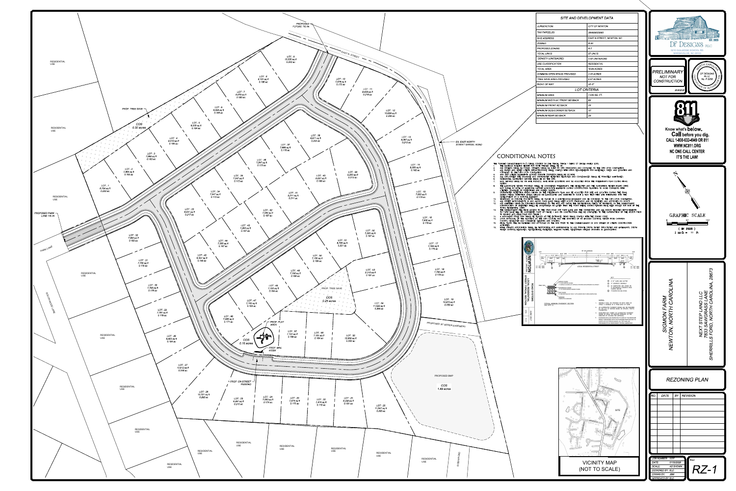Preliminary Sigmon Farms rezoning plan showing 57 proposed lots and a loop street